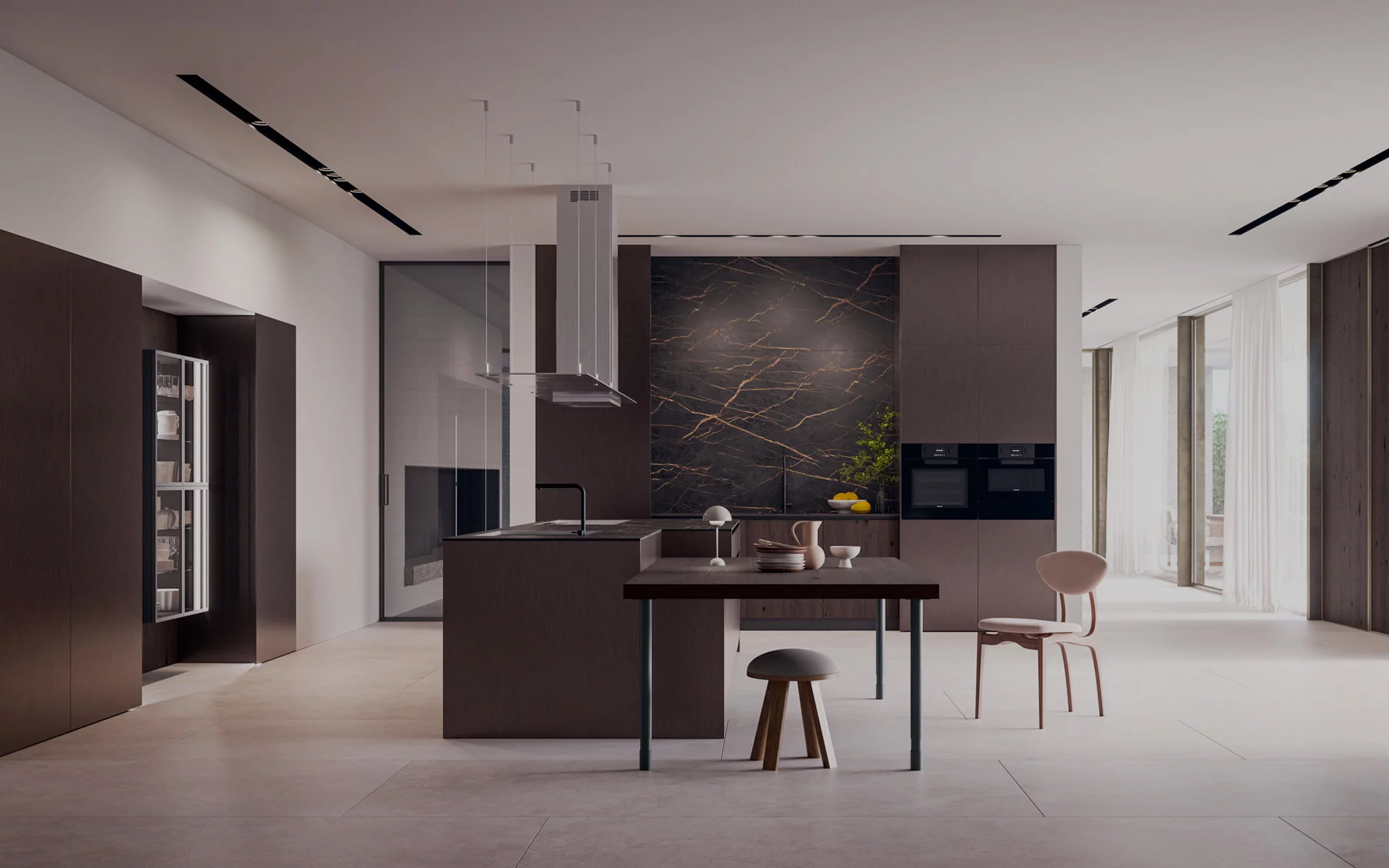 Cucina moderna Doimo Cucine in legno scuro con isola e tavolo integrato