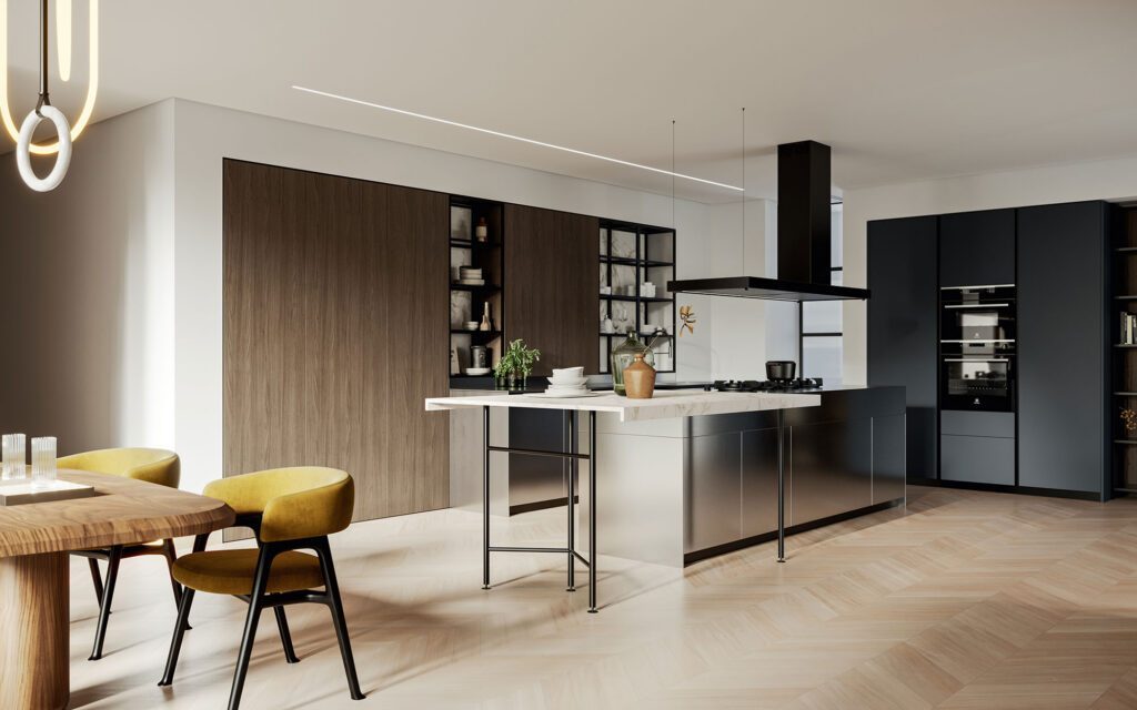 Composizione Doimo Cucine con isola in acciaio, colonne in noce e parquet a spina