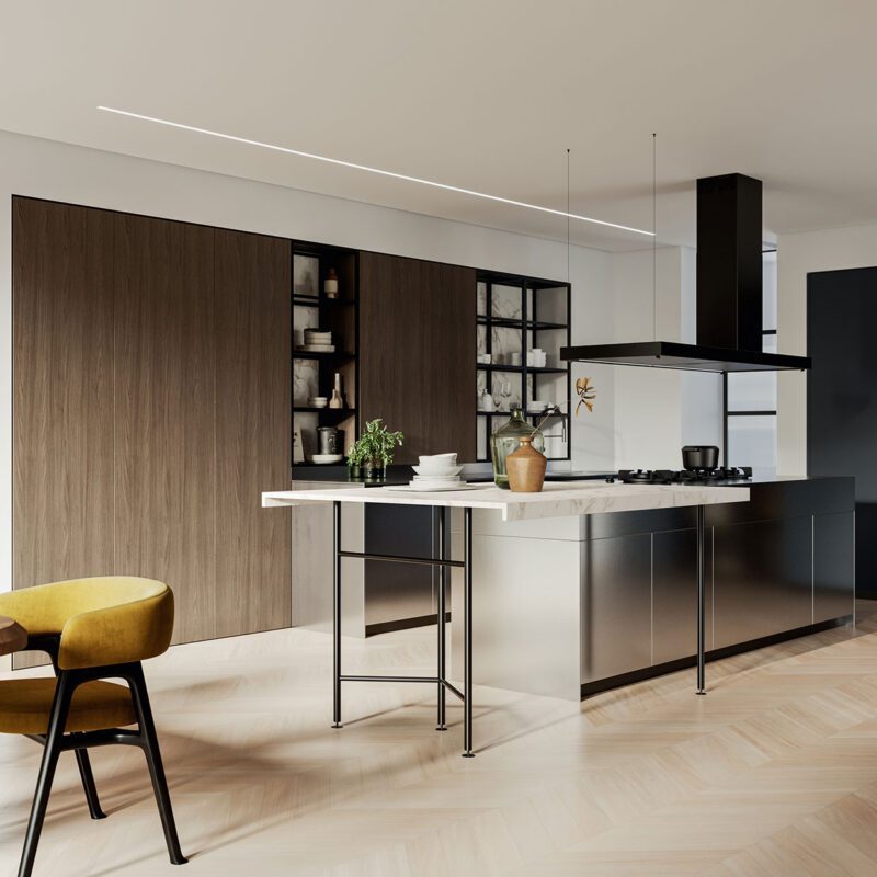 Composizione Doimo Cucine con isola in acciaio, colonne in noce e parquet a spina