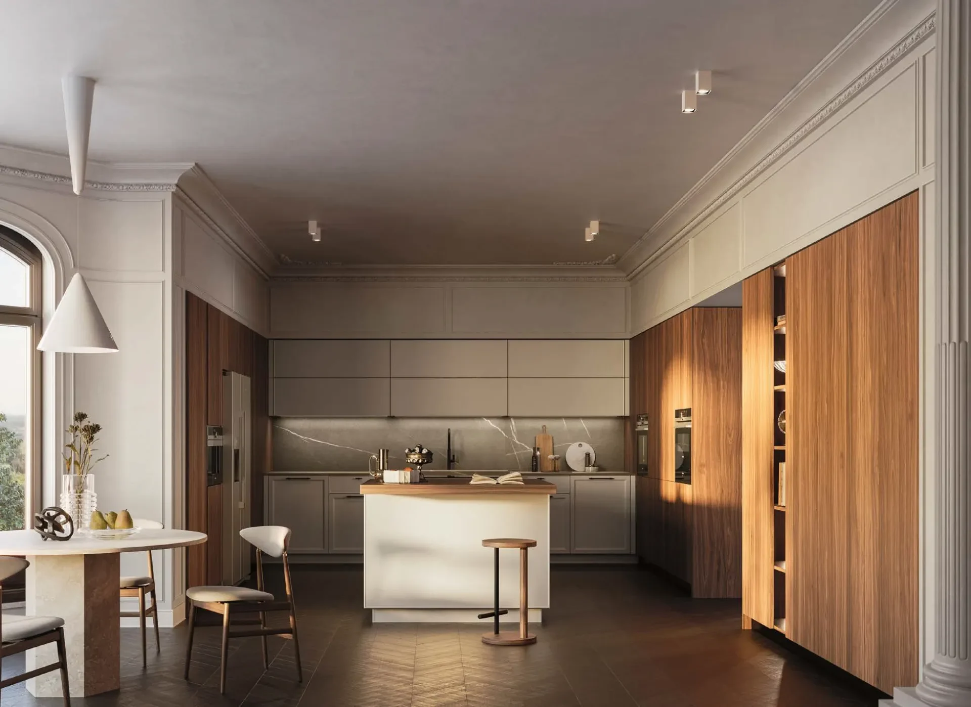 Cucina Doimo Cucine in un appartamento d'epoca con parquet a spina e colonne in noce