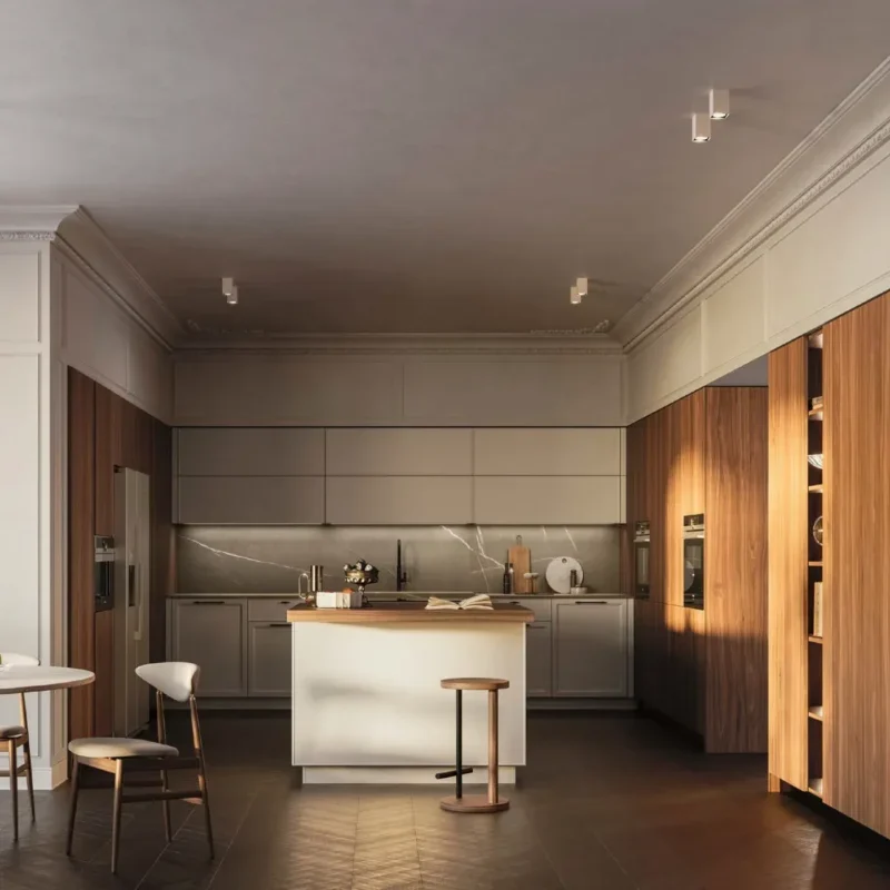 Cucina Doimo Cucine in un appartamento d'epoca con parquet a spina e colonne in noce