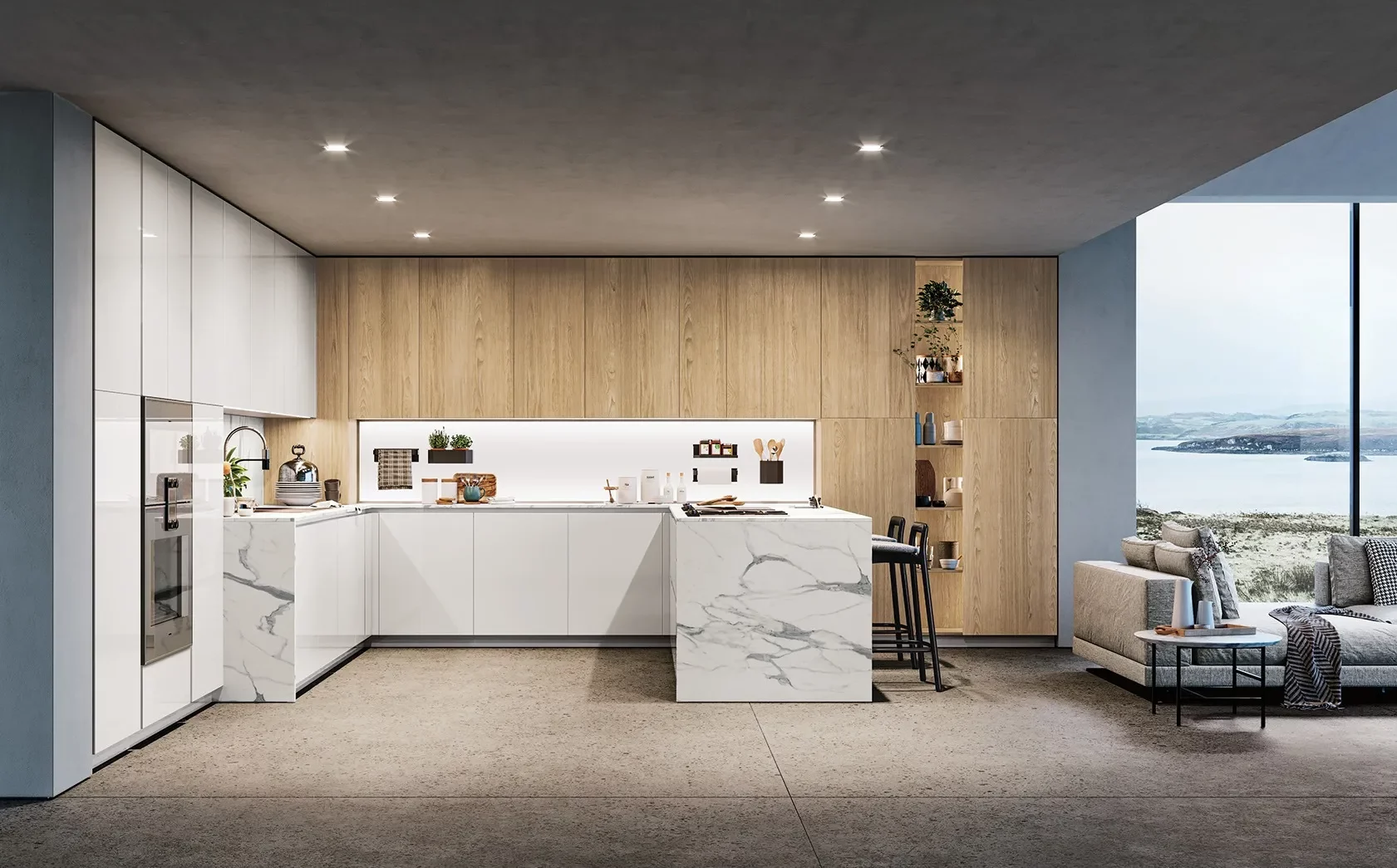 Cucina Doimo Cucine bianca con penisola e piano effetto marmo
