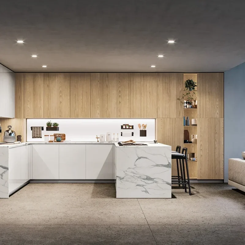 Cucina Doimo Cucine bianca con penisola e piano effetto marmo