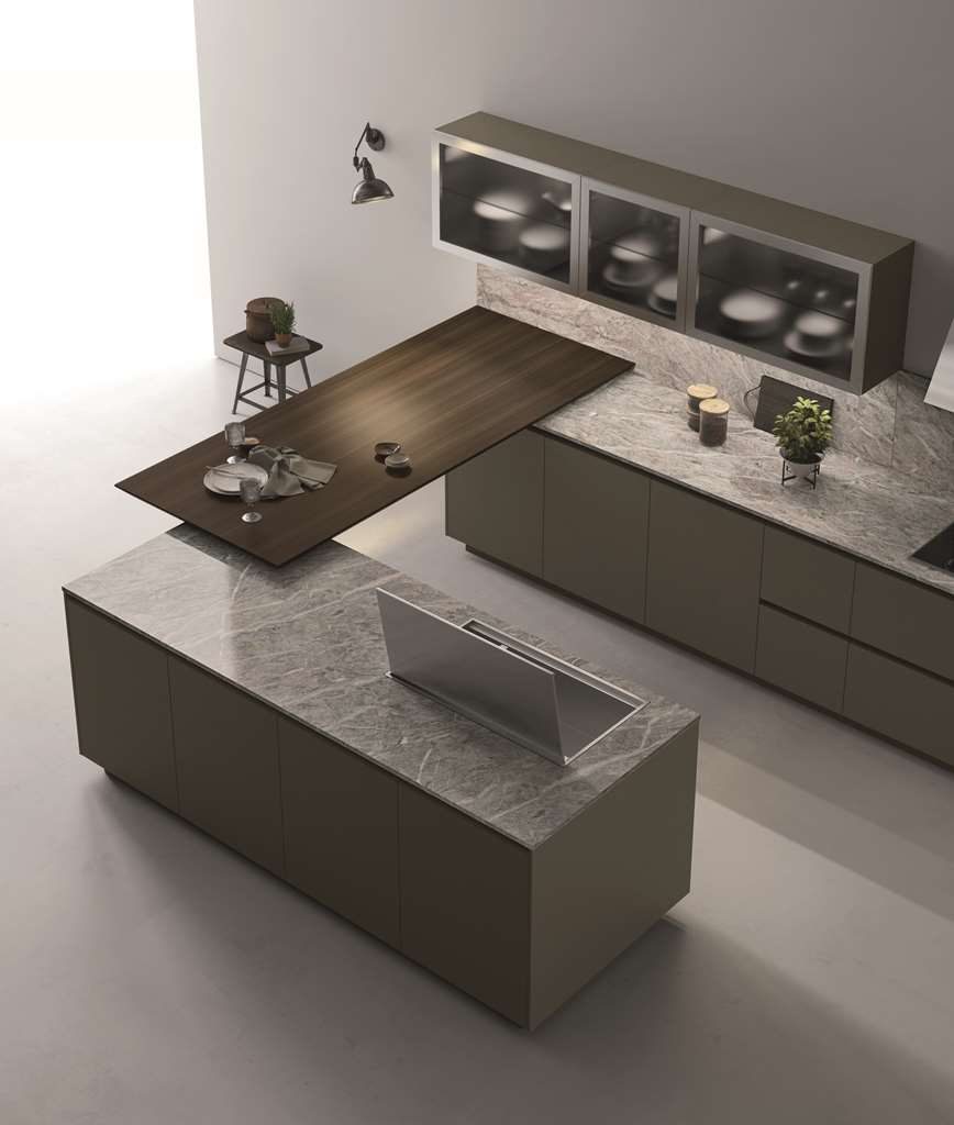 Isola Doimo Cucine con piano in pietra grigia e tavolo in legno